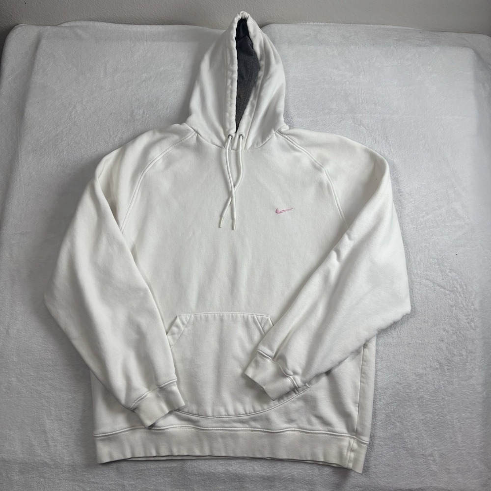 Y2K Nike Pullover White Long Sleeve Fleece Hoodie Distressed Pink Logo Men's XL